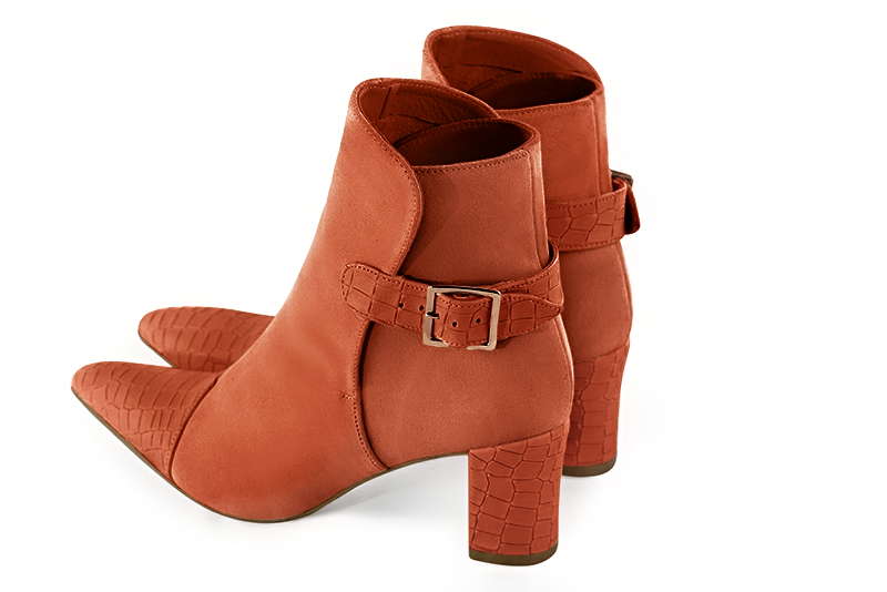 Terracotta orange women's ankle boots with buckles at the back. Tapered toe. Medium block heels. Rear view - Florence KOOIJMAN